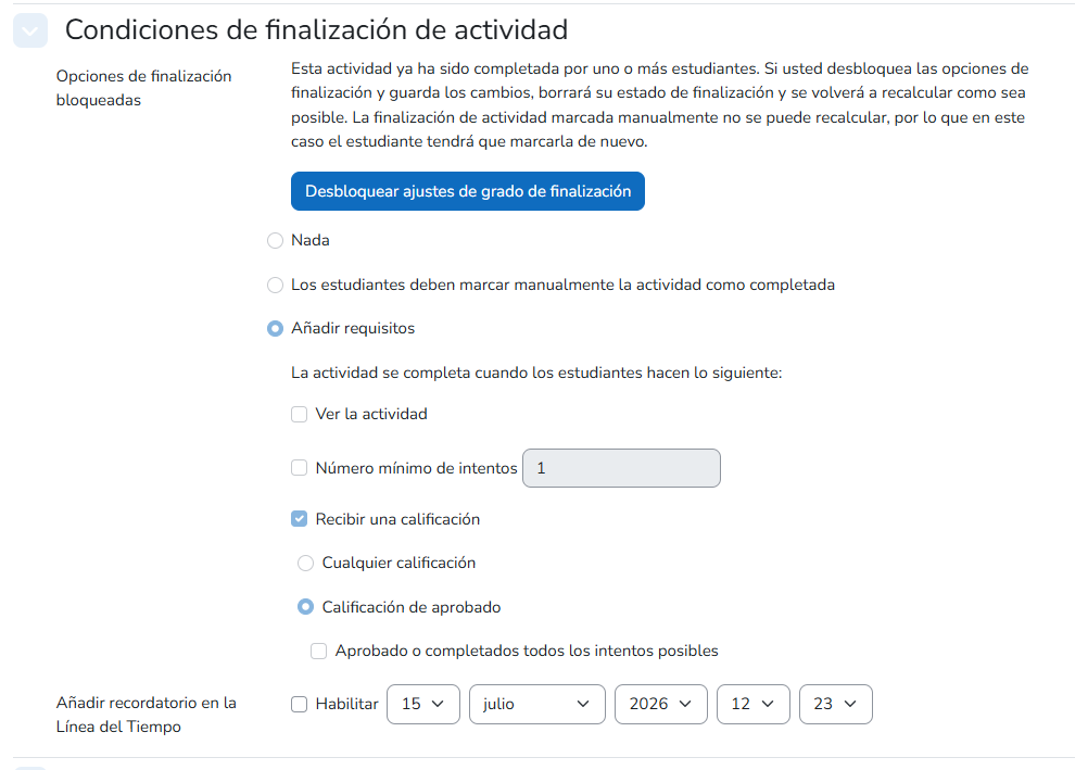 Finalización del cuestionario con calificación aprobatoria